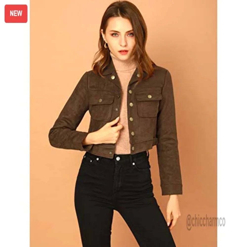 Faux Suede Cropped Moto Jacket Button Down Collar Casual Chic Biker Coat - Picture 3 of 6
